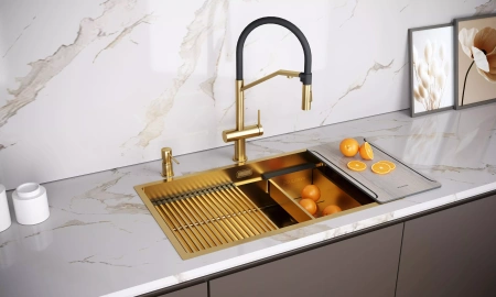 Смеситель для кухни Paulmark ZENDER Ze213155-BG, с подключением к фильтру, золото брашированное