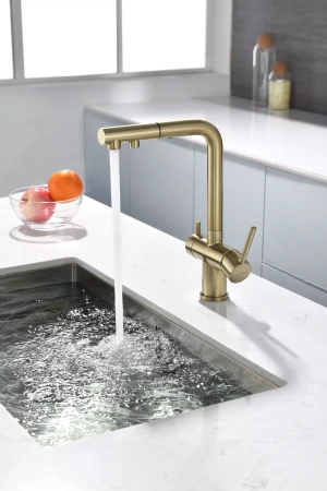 Смеситель для кухни Paulmark SERPENTINE Se213222-LG, с подключением к фильтру, зотоло
