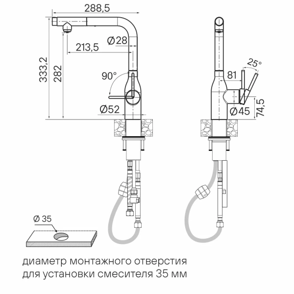 Смеситель для кухни Paulmark Viper Vi213105-GB+D004-GB, с подключением к фильтру, черный